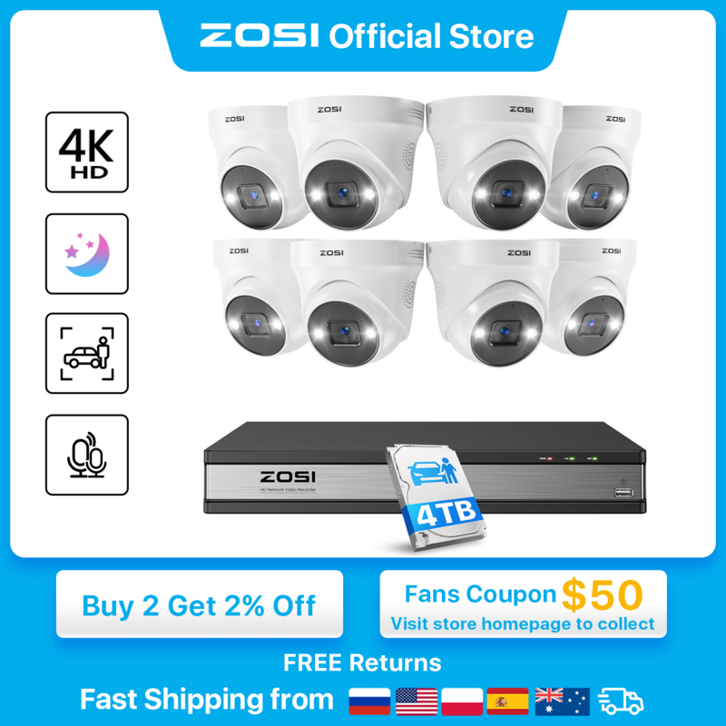 ZOSI-Sistema de videovigilancia 4K PoE para exteriores, cámaras IP de seguridad Ultra HD de 8,0 MP, 16 canales, NVR, con Audio bidireccional, Kit de videovigilancia