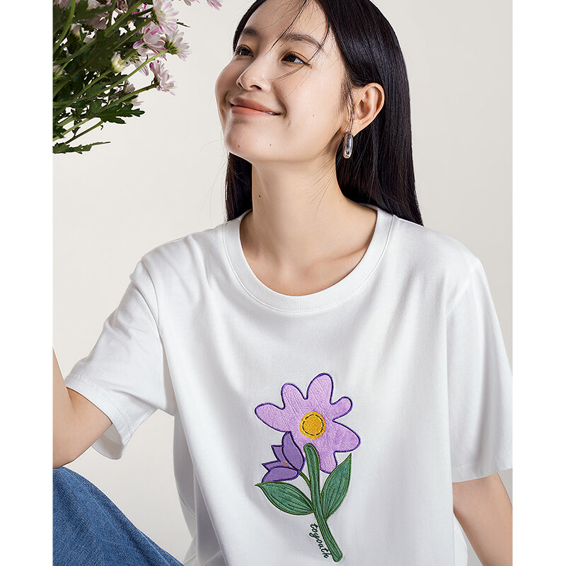 Toyouth Women T-shirt 2023 Summer Short Sleeve Round Neck Loose Tees Floral Print Embroidery Pure Cotton Comfort Casual Tops