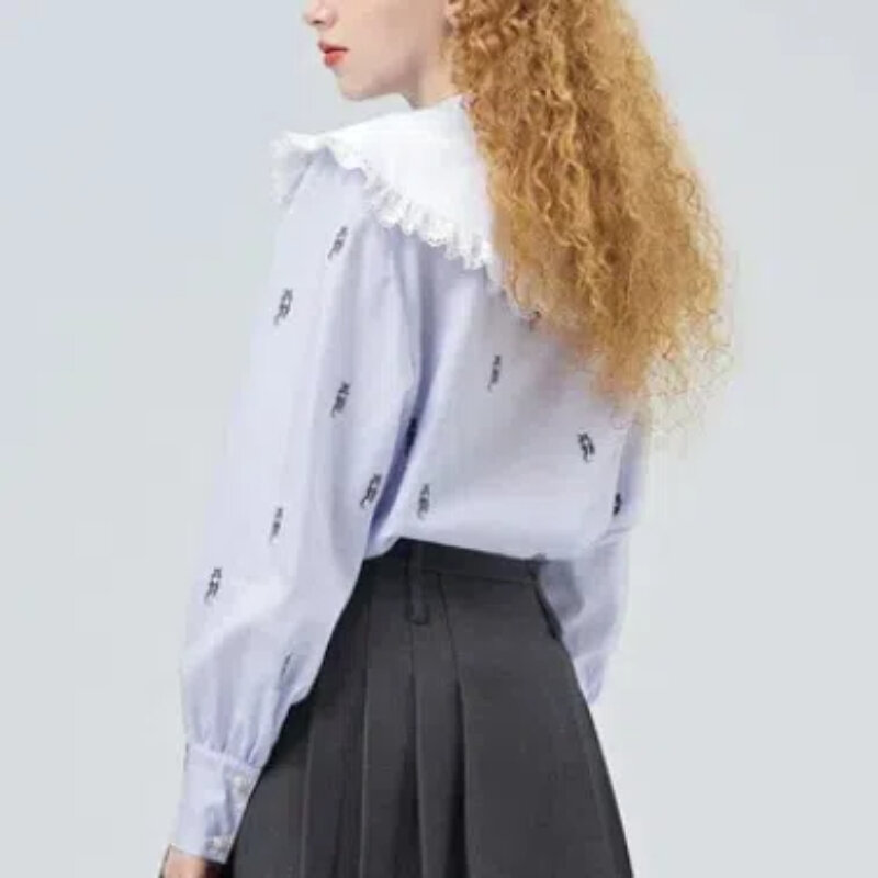 Camisas de manga larga para mujer, camisas de estilo Preppy, cuello de marinero empalmado, encaje bordado con botones, moda de otoño e invierno, 2024