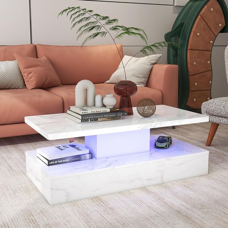 Tavolino da caffè a LED, tavolino da caffè con superficie in marmo lucido con luce a LED, tavolo da soggiorno moderno bianco, luce a LED per tavolo da divano
