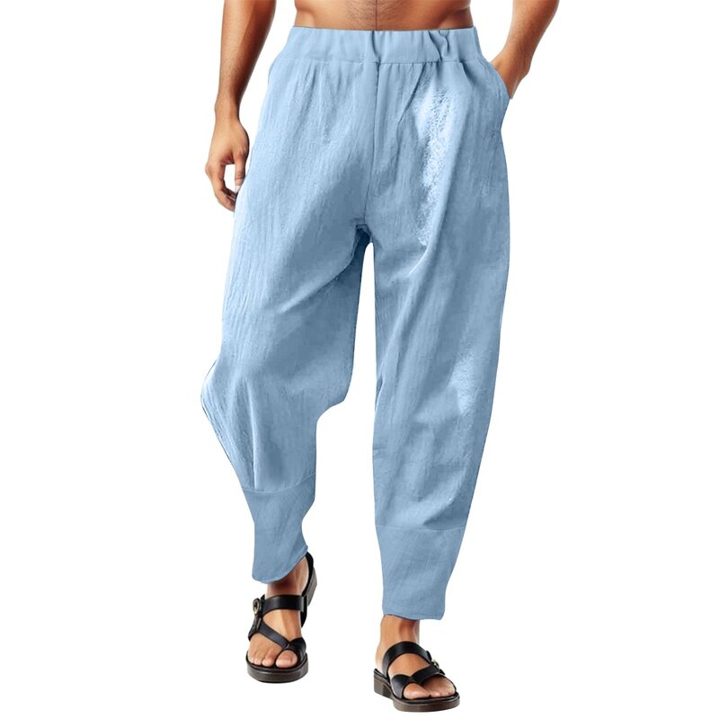 Брюки мужские из хлопка и льна, дышащие однотонные, с карманами для фитнеса, брюки-карандаш, осень 2023