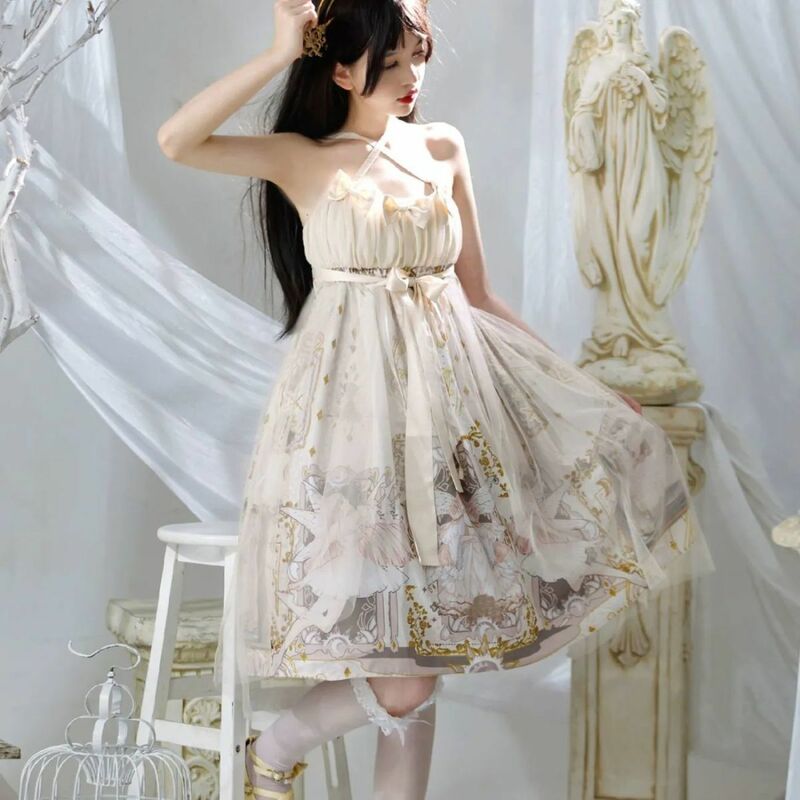 Japanese Kawaii Lolita Dresses Bowknot Sweet Elf JSK Elegant Cla Style Sling Dress Lolita Tea Party Princess Dress For Woman