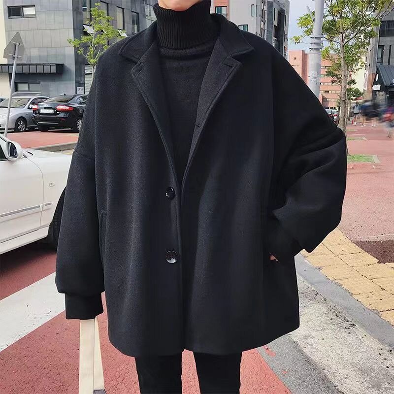 Jaket pria, Harajuku, ukuran besar, hitam, wol longgar, ukuran besar, pakaian jalan Korea, jaket campuran tebal