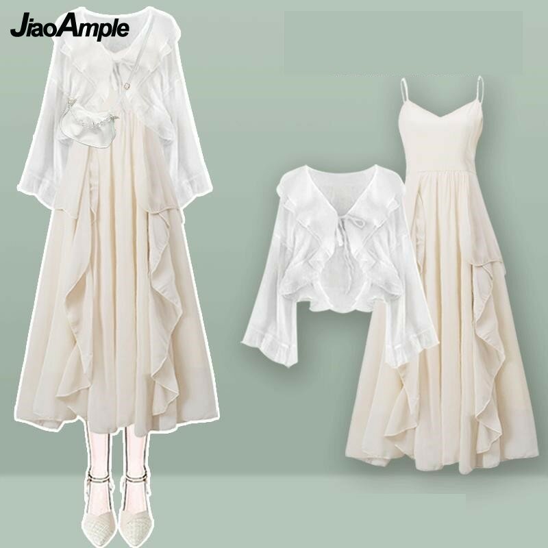 Damen Sommer neue Mode Chiffon Sonnencreme Shirt Top Wave Kleid zweiteiligen Anzug koreanischen eleganten Sling Rock passenden Set