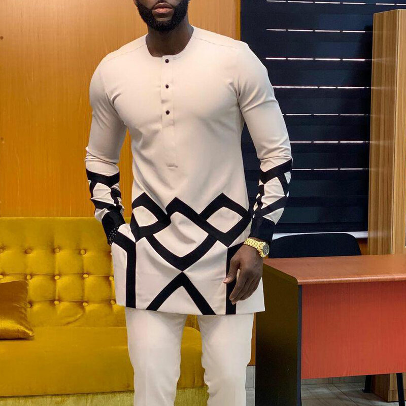 African Traditional Men Suit Printed Shirt Top Elastic Waist Pants White Wedding 2 Piece Set Outfits Ethnic Style Costumes