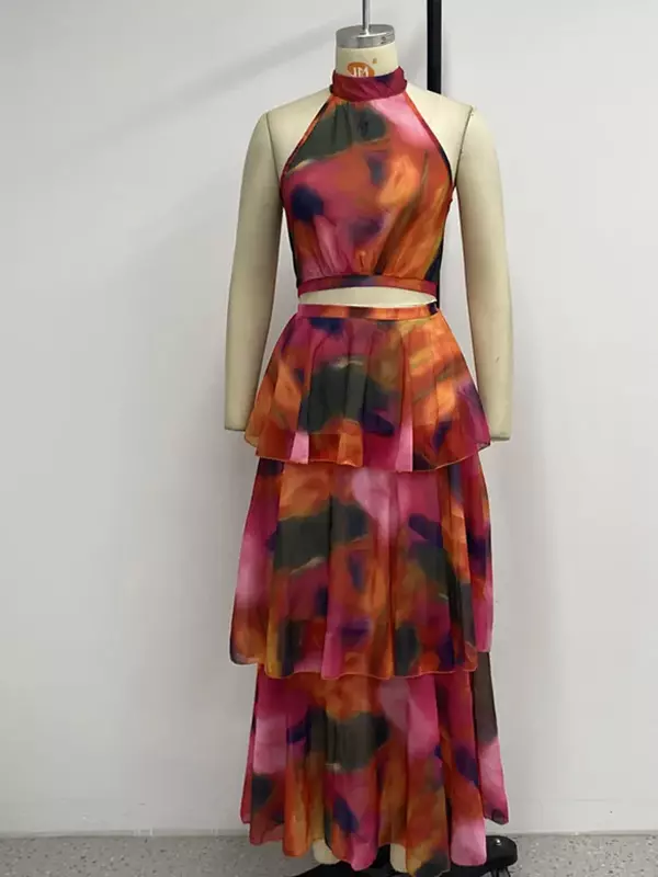 Женское длинное ажурное платье на молнии, элегантное ажурное платье с принтом, лямкой на шее и оборками на подоле, весна 2024