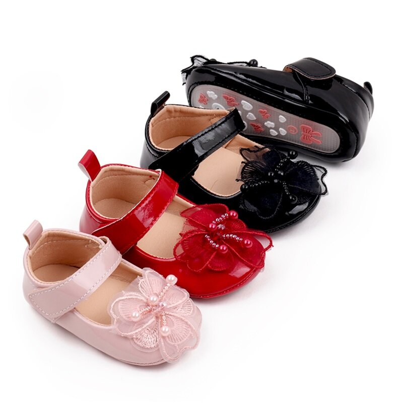 VISgogo-Sapatos antiderrapantes de flores de couro PU macio para bebês, princesa, criança, casual, primeiro caminhante