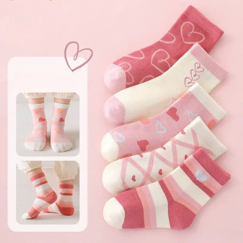 韓国-子供用の柔らかい綿の靴下,女の子用の靴下,ハート,花柄,暖かい,秋冬,5ユニット