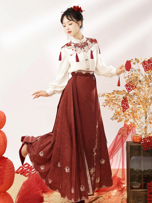 オリジナルのZhanfu女性用スーツ改善されたhan要素のシャツ、馬のスカート、クラウドショルダー、赤の婚約、毎日新しい年
