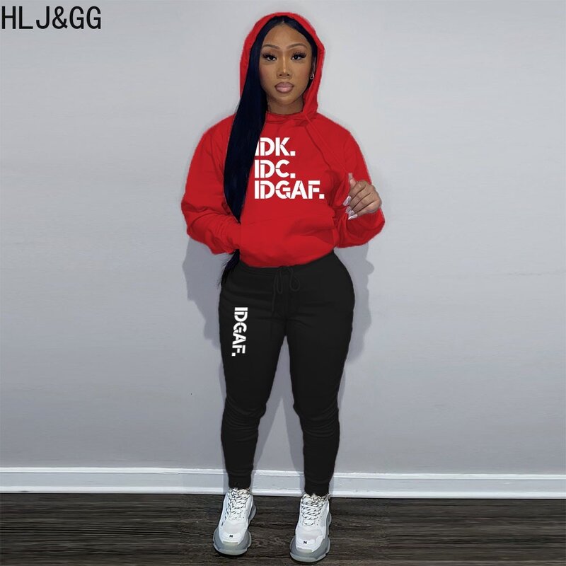 HLJ&GG Autumn Winter Letter Printing Hooded Jogger Pants Sets Women Round Neck Long Sleeve Top + Pants Two Piece Tracksuits 2023