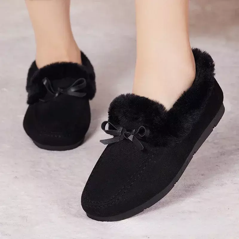 Damskie buty zimowe na co dzień nowe mokasyny miękkie płaskie antypoślizgowe modne wygodne ciepłe pluszowe buty z kokardą na kobiecych bawełnianych butach
