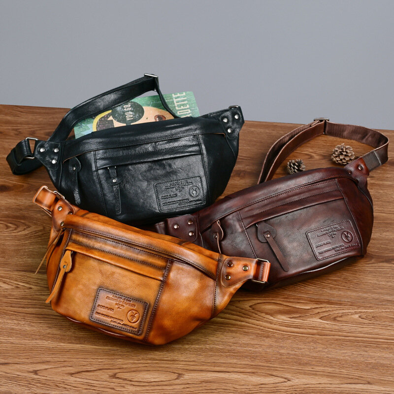 First Layer Cowhide Chest Bag Men's Real-Leather Leisure Pack Shoulder Bag Solid Color Retro Crossbody Bags  Waist Pack