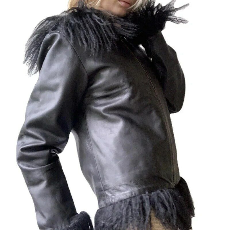 Куртка женская из искусственной кожи на молнии с длинным рукавом и меховой отделкой