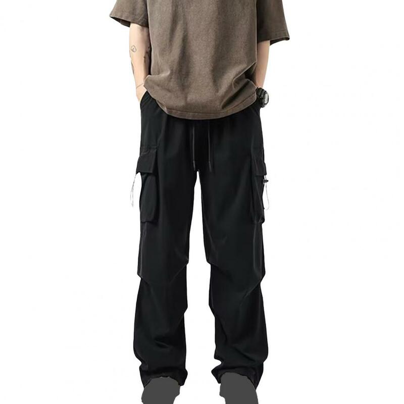 Męskie proste nogawki w jednolitym kolorze męskie spodnie męskie spodnie Cargo z wieloma kieszeniami ze sznurkiem, elastyczna talia na zewnątrz