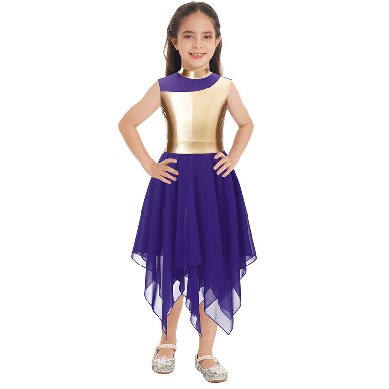 Dziecięca dziewczynka metaliczna nakładka pochwalna sukienka taneczna bez rękawów szyfonowa kolorowa suknia kościelna liryczna odzież taneczna dla nastolatków