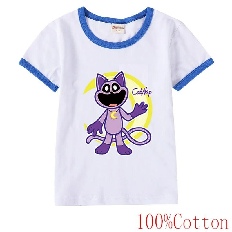 Летняя хлопковая футболка для мальчиков и девочек, с рисунком кота