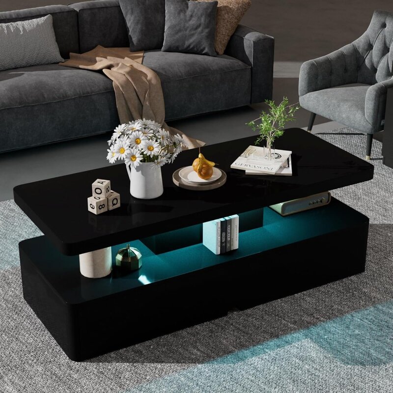 거실용 더블 레이어 디자인 커피 테이블, 블랙 모던 스타일리시 커피 테이블, 16 색 LED 조명, 테이블 센터 카페
