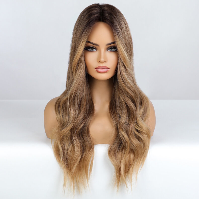New style linen brown realistic gradient Color high temperature silk European and American chemical fiber long curly hair Wigs