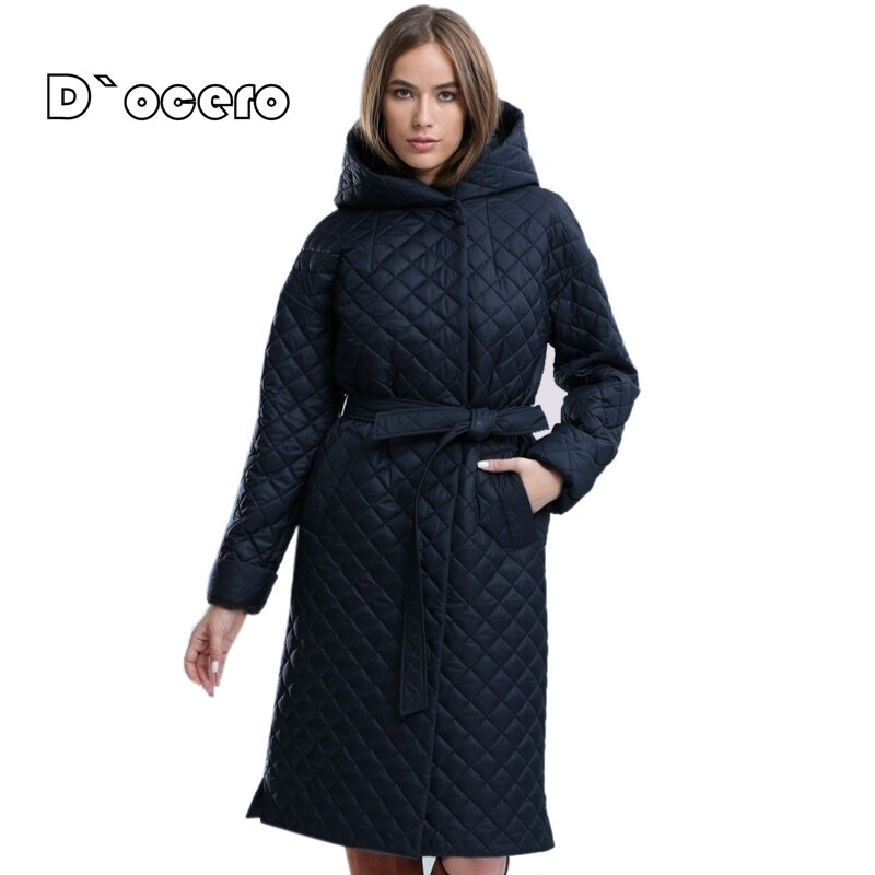DOCERO 2022 여성용 롱 후드 재킷, 퀼트 코트, 벨트 루즈 럭셔리 파카, 오버사이즈 의류, 따뜻한 아우터, 봄 가을