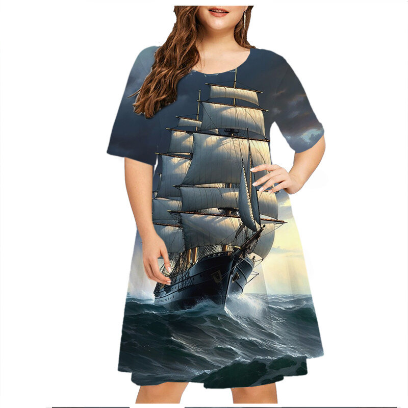 2023 Summer Vintage Ship Scenery Dress Women Short Sleeve Loose Casual Dresses Plus Size Female Clothing 6XL Sundress Vestidos