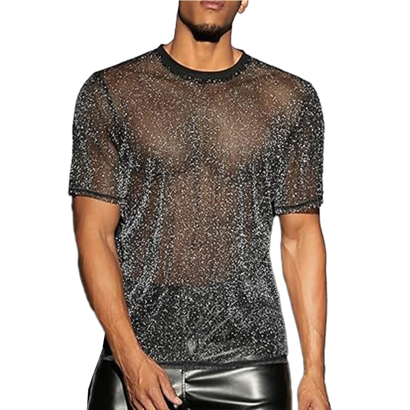 T-Shirt Herren Top M-2XL Mesh Nachtclub Polyester regulären Rundhals ausschnitt durch glänzende Kurzarm Bluse Kostüm sehen