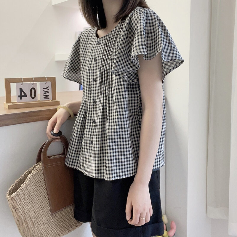 Fashion O-Neck Folds Flare Sleeve Plaid Shirts Women's Clothing 2024 Summer New Loose Short Sleeve Casual Tops All-match Blouses