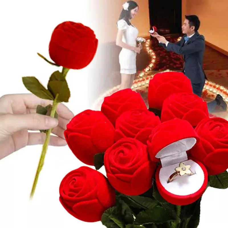 Бархатная коробка для колец с цветком розы, красная декоративная Фотографическая подставка, подарочные коробки, свадебные и Помолвочные ювелирные изделия