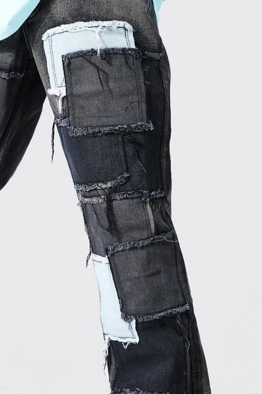European and American men's jeans fashion ins patch denim wide-leg straight-leg pants personality fashion trend denim trousers