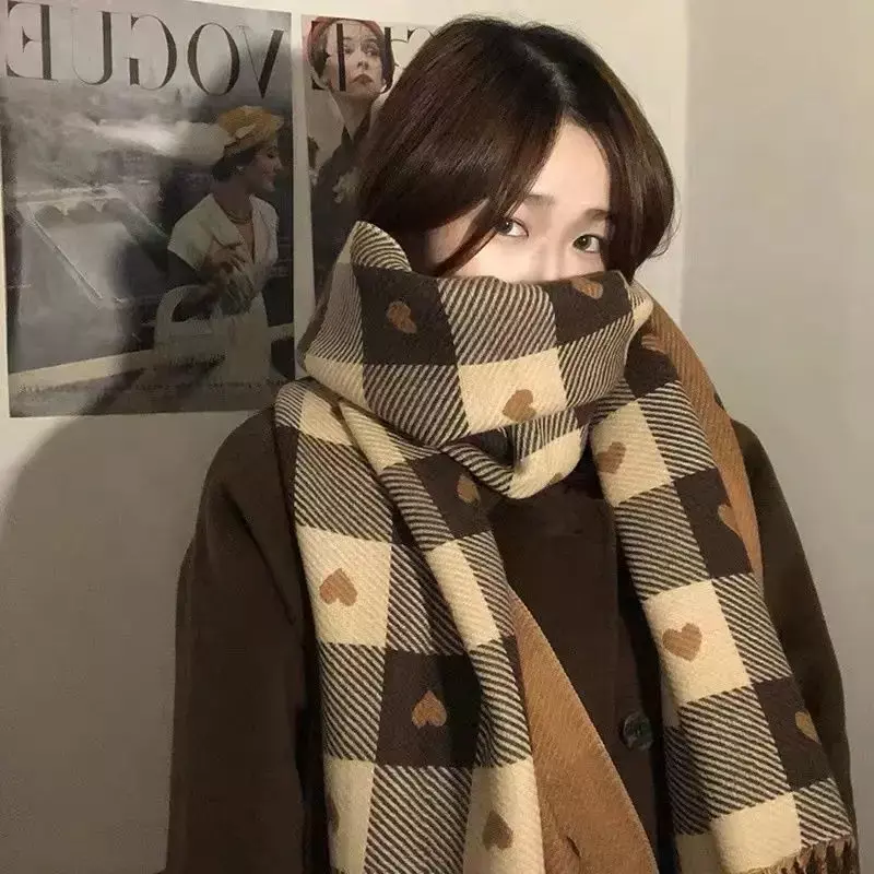 Women's Winter Scarf Love Heart Cashmere Long Tassel Shawl Thickened Warm Plaid Neckband Scarf Men Korean Fashion Accessories