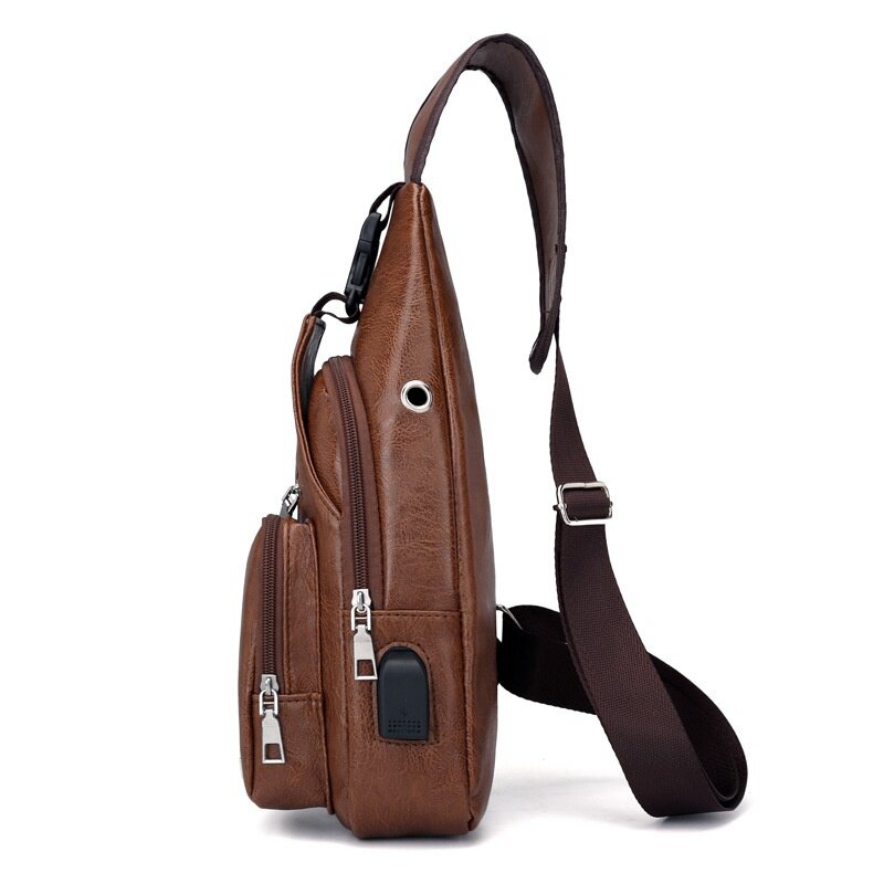 New Leisure Men's Shoulder Bag Outdoor Sports USB Charging Chest Bag Men's PU Business Crossbody Bag