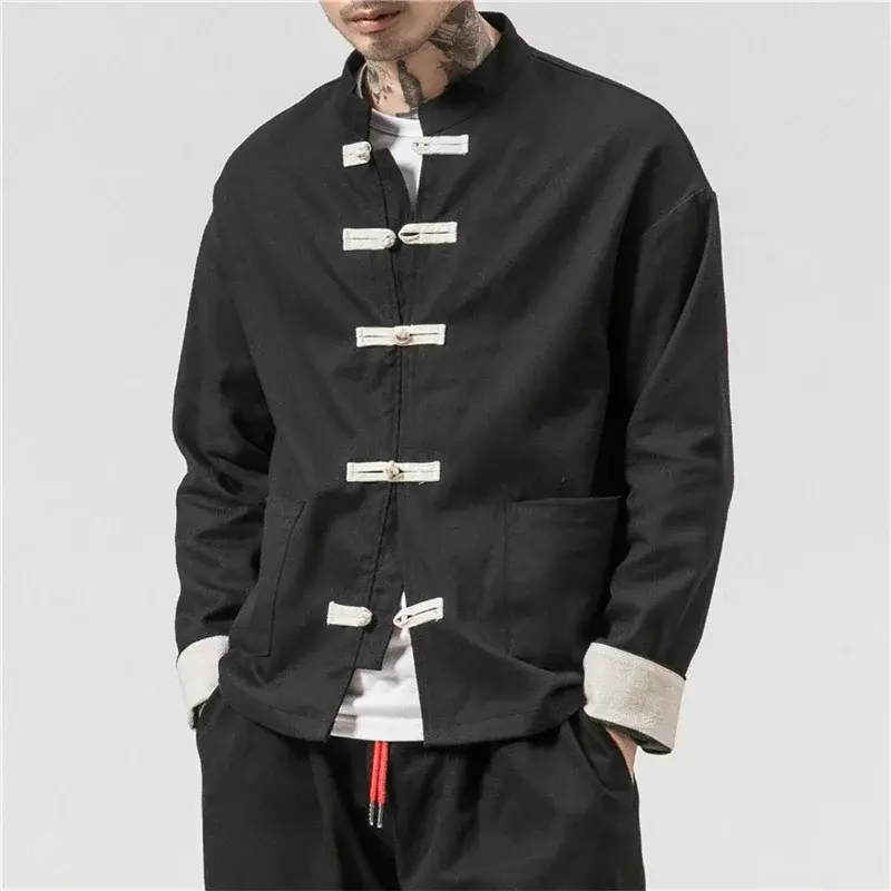 Abrigo Retro tradicional chino para hombre, traje Tang de manga larga, chaqueta con hebilla de cuello mandarín, camisa de Kung Fu de algodón Oriental