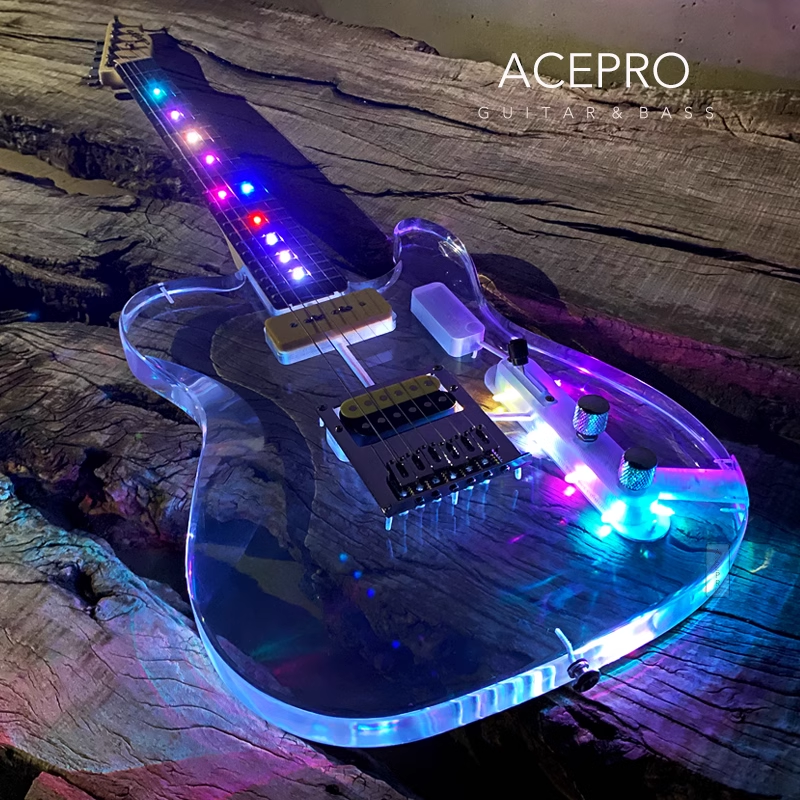 Acepro gitar listrik akrilik LED warna-warni, Guitarra badan kristal akrilik Bening, leher Maple, Fretboard Rosewood, gratis pengiriman