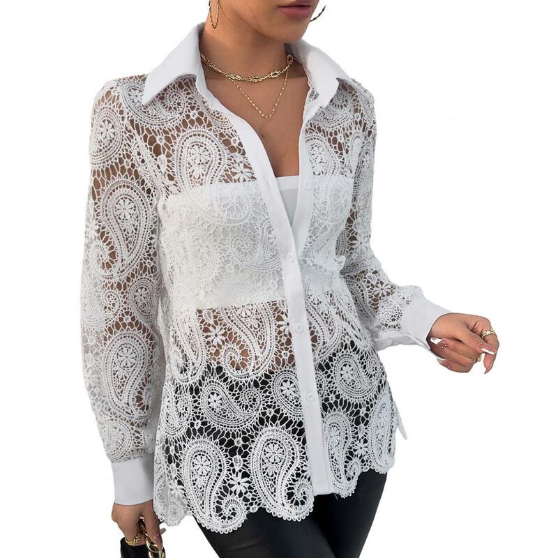 Blusa elegante de encaje ahuecada para mujer, camisa con cuello vuelto de un solo pecho, mangas largas, transparente para un