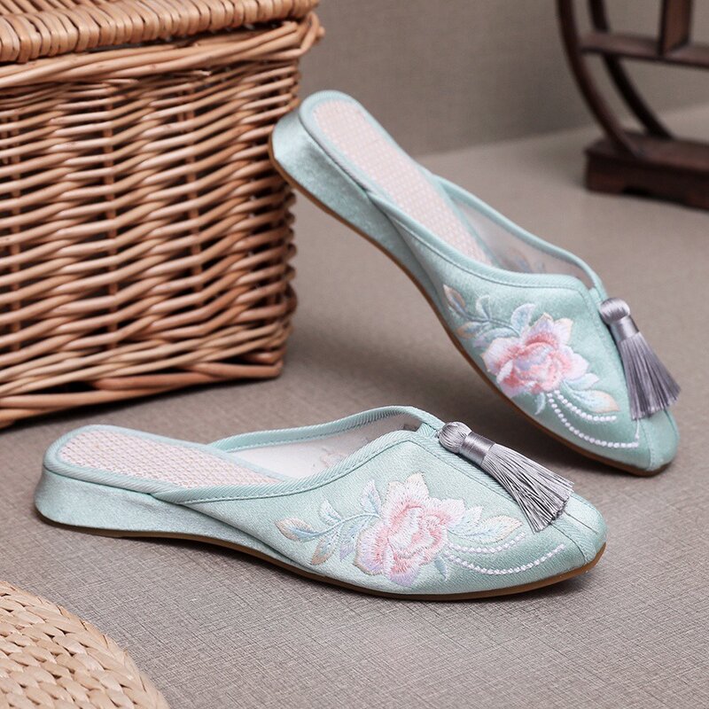 Zapatillas bordadas de estilo chino para mujer, zapatos de tela de tacón bajo, informales, novedad de verano
