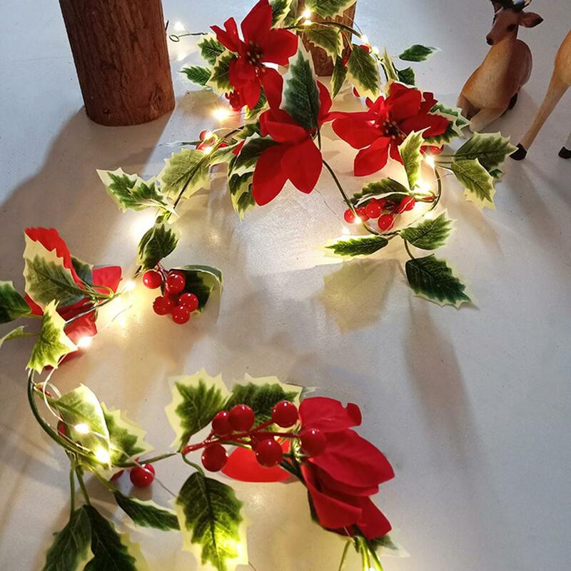Dekorasi Natal, karangan bunga Poinsettia buatan dengan berry merah rotan