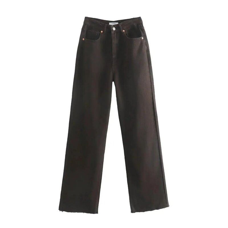 Женские прямые джинсы с высокой талией, модные шикарные винтажные брюки из денима с застежкой-молнией, карманами и потертостями на подоле, новинка 2023