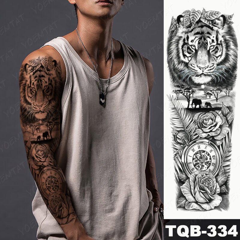 Große Arm Sleeve Tattoo Lion Crown König Rose Wasserdicht Temporäre Tatoo Aufkleber Wilden Wolf Tiger Männer Voller Schädel Totem Gefälschte tatto