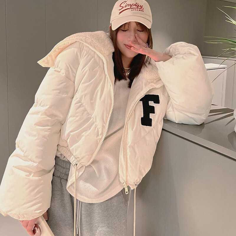 Solid Color Winter Casual Lapel Cotton Jacket Women Fashion Long Sleeve Letter F Embroidered Padded Cotton-Padded Clothes