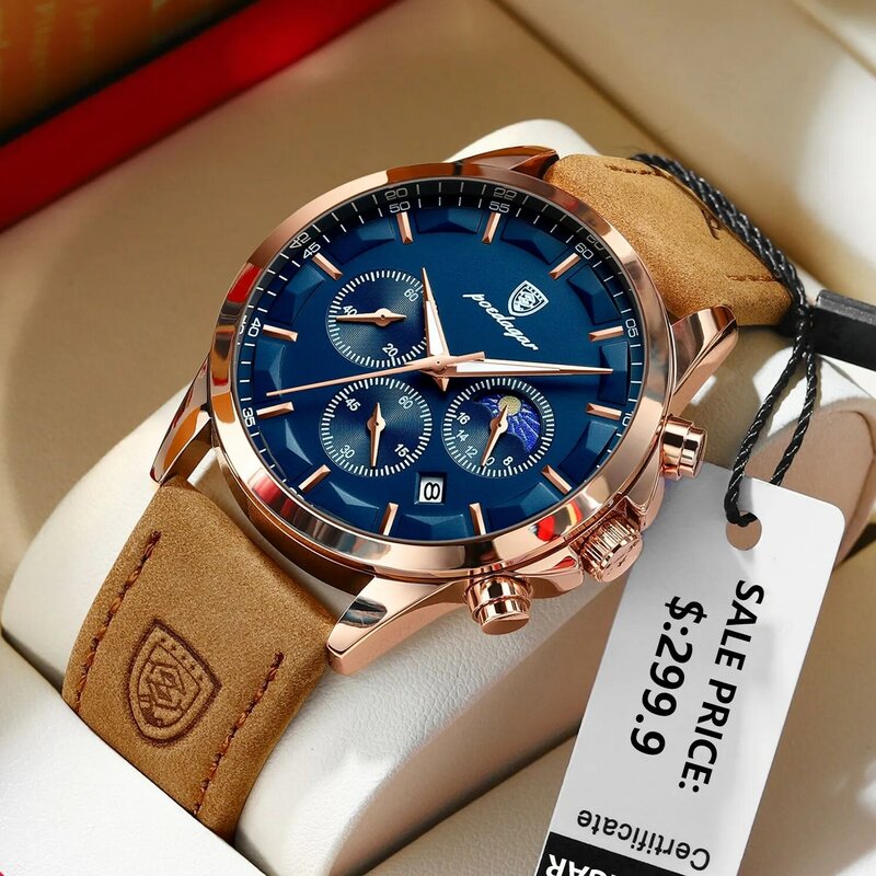 POEDAGAR-Relógio de quartzo de couro impermeável masculino, Cronógrafo, Data luminosa, Relógio de luxo, Esportes