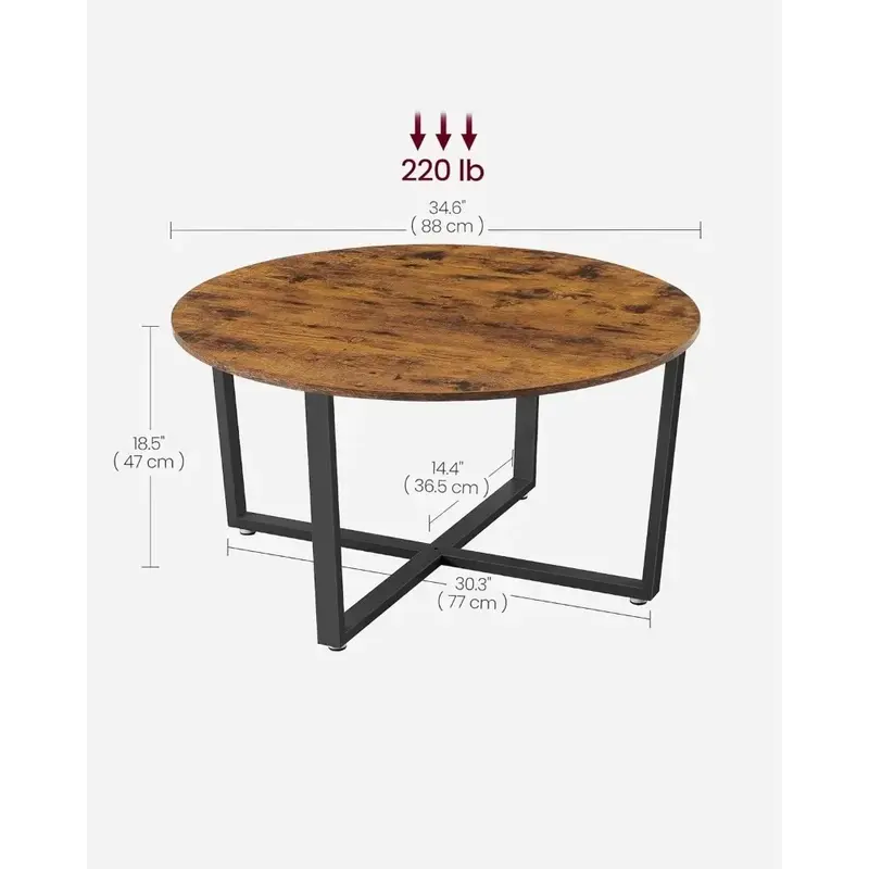 Mesa de centro redonda de color marrón rústico para sala de estar, mesa de centro de comedor con marco de Metal duradero, ULCT88X, 39,4X21,7X17,7 pulgadas