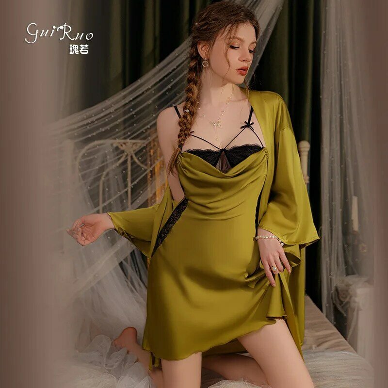 Pure Desire Sexy Swinging Neck Private Room Pajamas Ice Silk Comfortable Sling Sleeping Dress Women's Home Fur