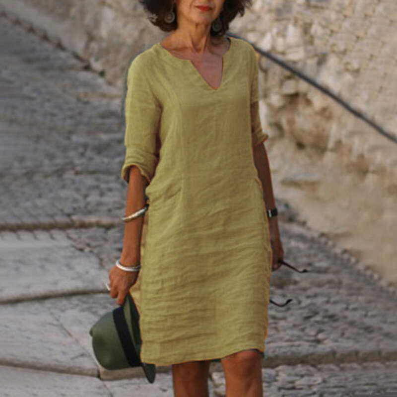 เดรสโบโฮย้อนยุคสำหรับผู้หญิง2023ฤดูร้อนชายหาดไซส์ใหญ่พิเศษเดรสแขนยาวปานกลางฝ้ายลินินคอวีสีล้วน