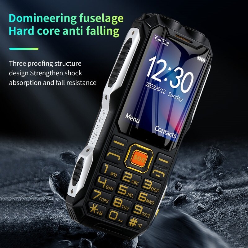 Durable Rugged Outdoor Mobile Phone Power Bank Big Battery SOS Dial Fast Call Blacklist Voice Changer Loud Sound Two Torch