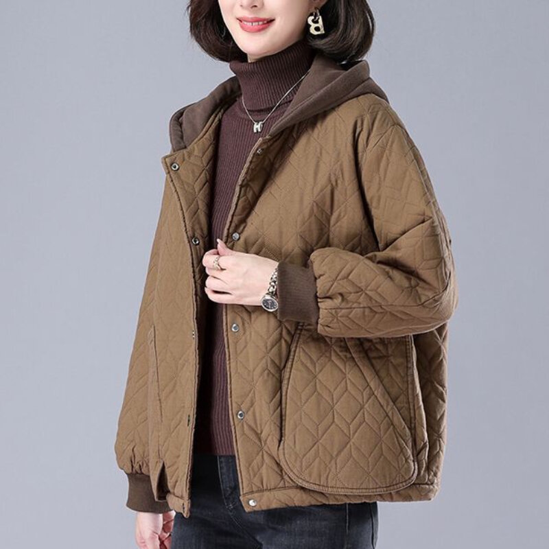 Winter New Women Fashion Hooded Cotton Clothing Female Thick Fake Two Pieces Casual Loose Outwear Solid Color Large Size Outcoat