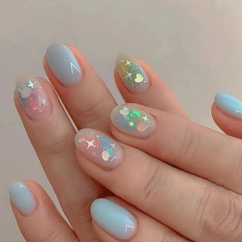 Oval Round False Nails French Sky Blue Solid Sparkling Butterfly Fake Nails Full Cover Press on Nails Nail Tips nails accessorie