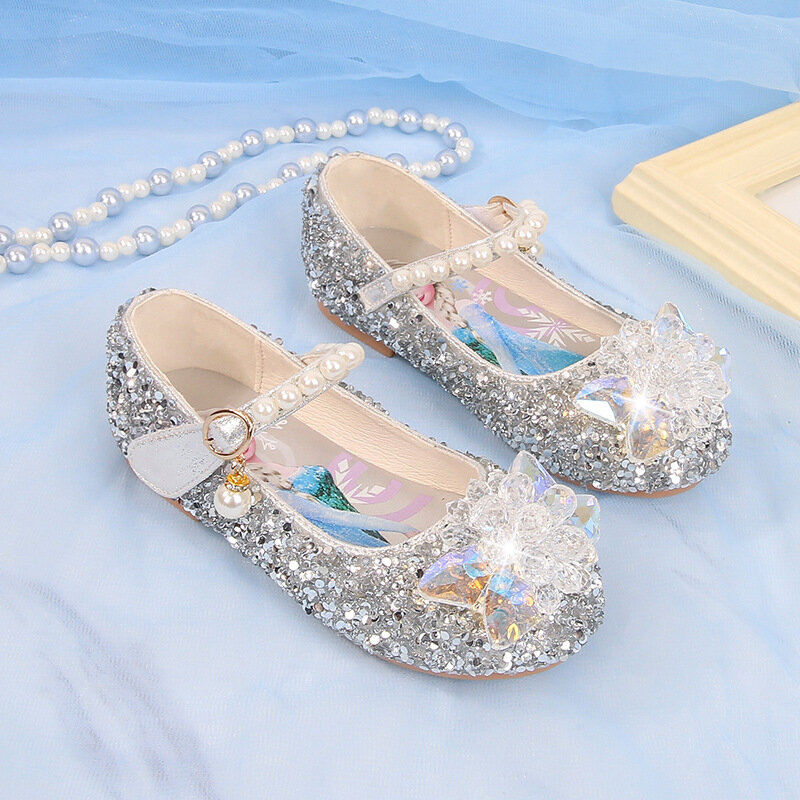 Disney Girl's Shoes Frozen Elsa Princess Soft Sole Shoes Summer Children's Crystal Pearly Shiny Girls Pink Blue Shoes