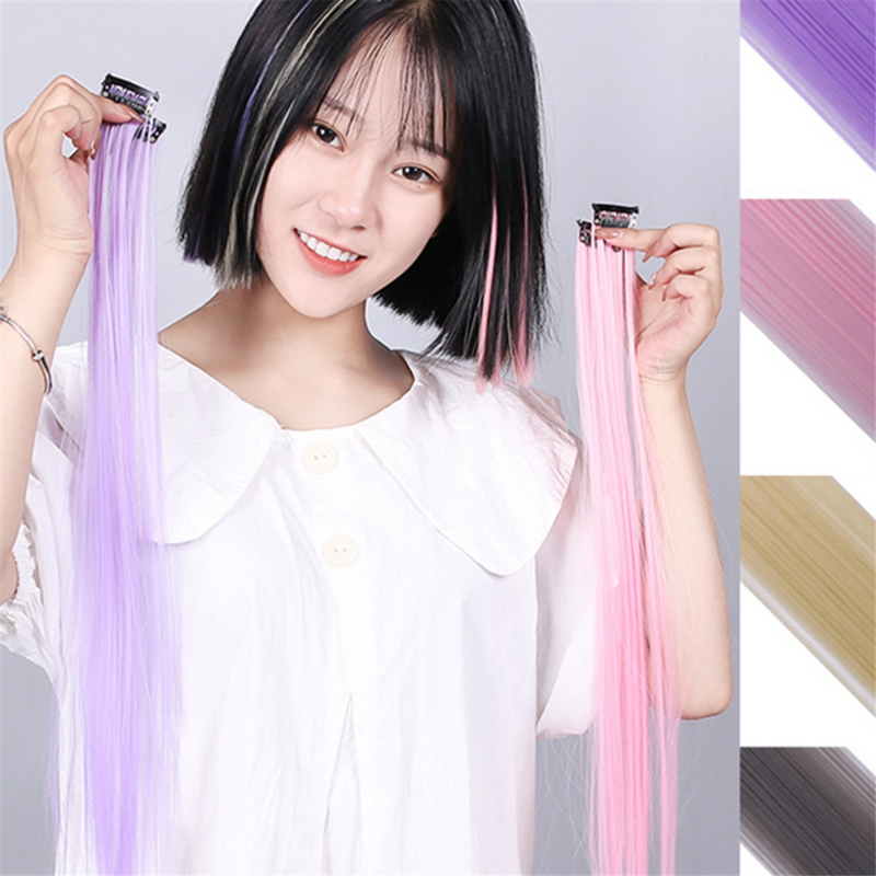 Rainbow Highlighted Hair Extension Hairpin Multi-Colour Long Straight Hair Clip Trimmable for Hair False Hair 3.2x55cm