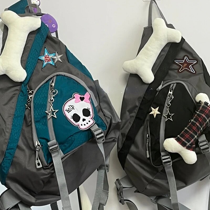 캐주얼 스타 해골 뼈 Y2k 미적 배낭 프레피 스타일 대용량 핸드백 패션, 학교 여행 배낭
