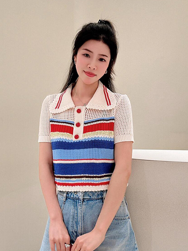 Women's Knitted T-shirt 2024 New Striped Hollow Out Turn Down Collar Vintage Short Sleeve Tee