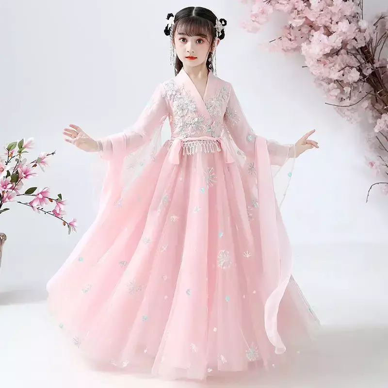 Vestido de princesa hanfu japonês e coreano infantil, fantasia para meninas, bordado bonito, 3-12t, chinês